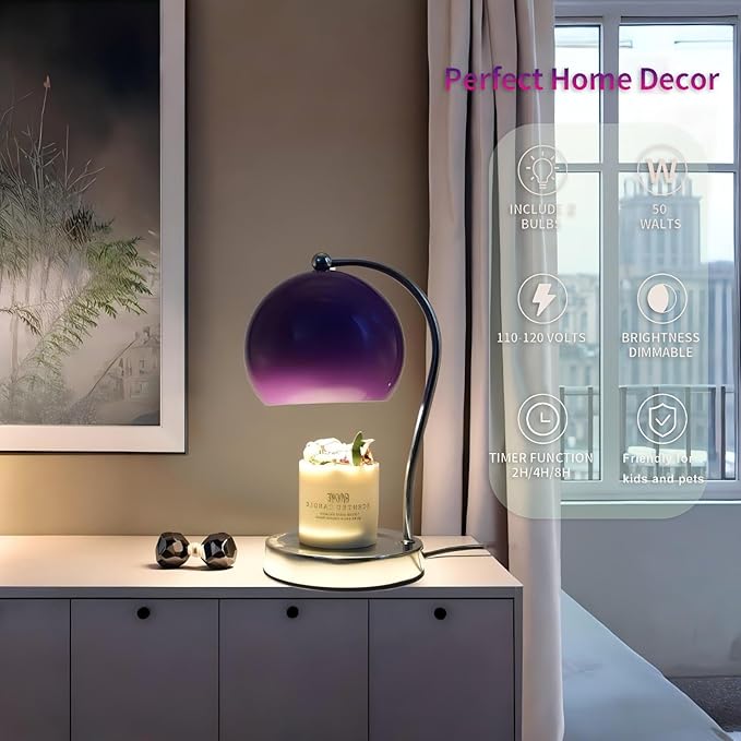 Candle Lamp Warmer, Wide Base Scented Candle Warmer with Timer and Dimmer, Adjustable Candle Melting Lattern, Home Decor Table Lamp (Purple)