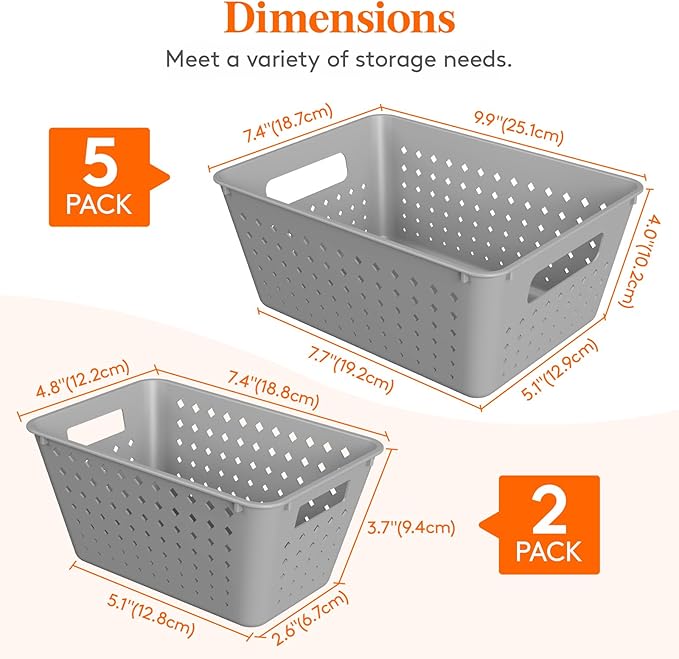 Lifewit Plastic Storage Basket, 7 Pack Stackable Storage Bins for Organizing, Multi Size Open Containers for Shelving, Pantry, Office and Cabinet, 5 Large and 2 Small Size, Gray