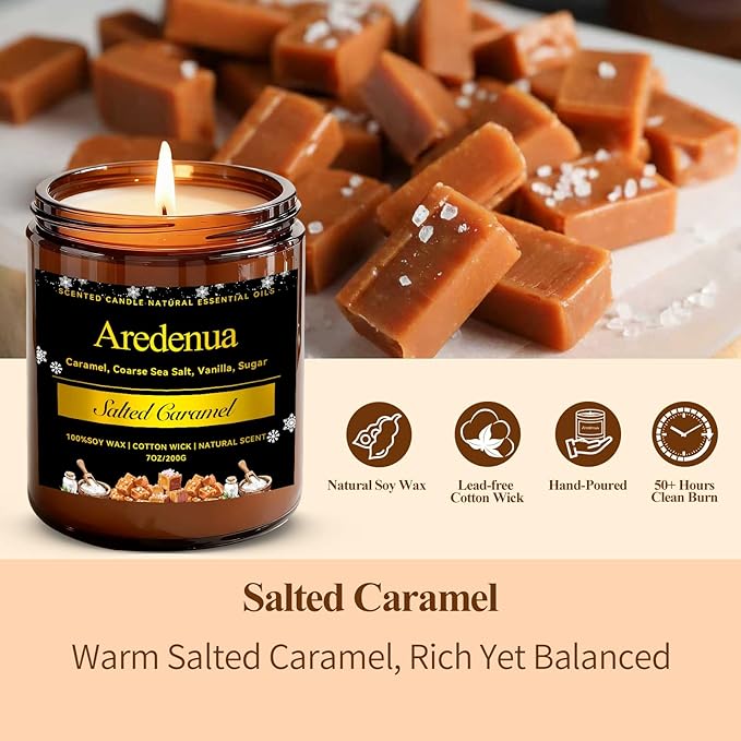 Salted Caramel Candle | Odor Eliminating Candles - 7oz Soy Candles for Home, Warm Sweet Aroma Relaxing Home Scented Candles, Aromatherapy Candle Gift for Women & Men