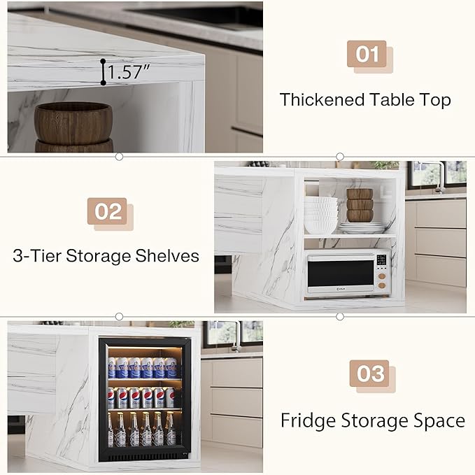 78.7" Large Imitation Marble Kitchen Island with Storage Space,Modern Dining Table with Mini Fridge Space for Kitchen, Dining Room, Home Bar, White