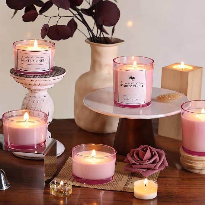 sunnyfuture 16 Pack Pink Candle Jars, 8pcs 7oz + 8pcs 4oz Candle Jars for Making Candles with Wooden Lids and Labels for DIY, Gifts, Home
