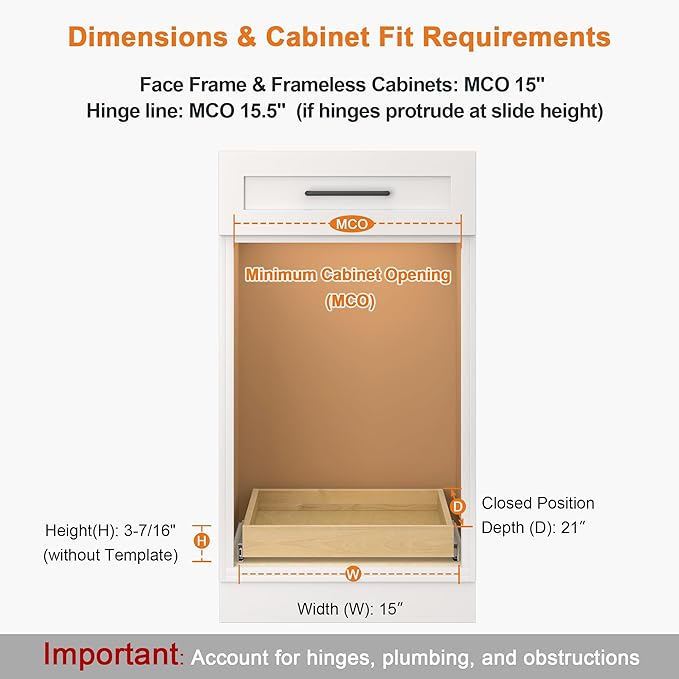 ALINE FURNITURE Pull Out Drawers for Cabinets Birch Wood, 15" W X 21" D Soft Close Slide Out Shelves for Kitchen Cabinets, Pullout Drawer for Pantry Cabinet Organizer