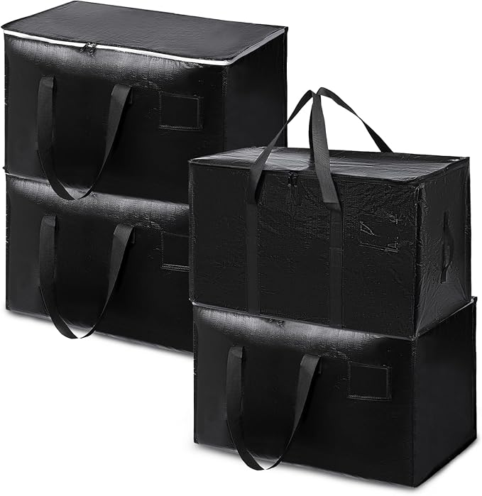 1 Pack Large Moving Bags with Zippers & Carrying Handles, Heavy Duty Storage Tote Moving Boxes ，Space Saving (Black, 1 Pack)