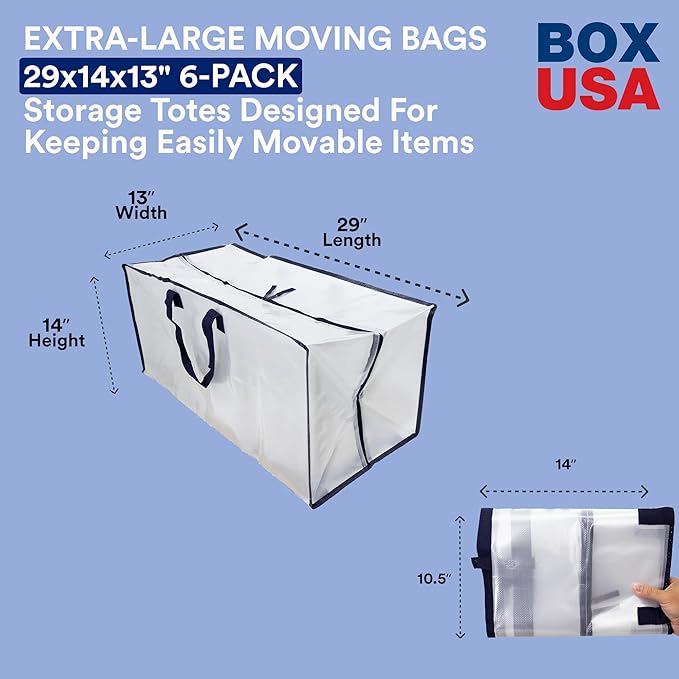 BOX USA 6-Pack Moving Bags with Strong Handles & Zippers - Heavy Duty Extra Large Packing Bags for Storage, Moving Boxes, Dorm & College Supplies, Clear