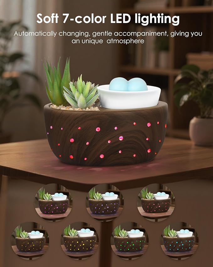 Ceramic Wax Melt Warmer with Japanese Design, 4-in-1 Electric Wax Warmer with PTC Heating Plate and 7-Color LED Lights, Succulent Bowl for Wax Melting, Oil Diffusion, Home Office Spa Decor