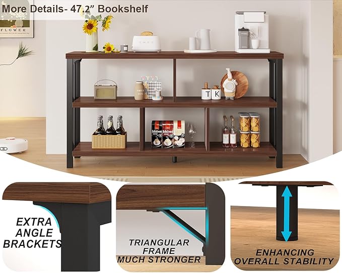 IBF Horizontal Bookshelf, Industrial 5 Cube Storage Organizer Open Shelf, Modern Wide Book Shelf for Bedroom Living Room, Rustic Wood and Metal Low Short Bookcase for Home Office, Walnut Oak, 47 Inch