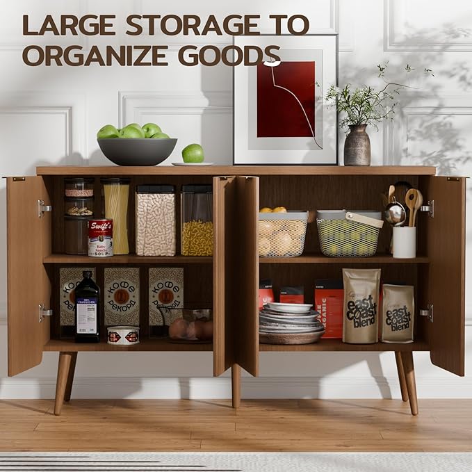 47.2" Sideboard Buffet Cabinet with Storage, Modern Fluted Accent Credenza with 4 Doors, Buffet Media Console Entryway Cabinets with Adjustable Shelves for Living Dining Room Hallway, Walnut