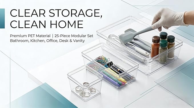 Clear Plastic Drawer Organizer Storage - 25Pcs 4 Size Desk Bathroom Kitchen Organizers and Accessories Office Organization, Vanity Stackable Drawers Bins Trays Containers Dividers Makeup Sets
