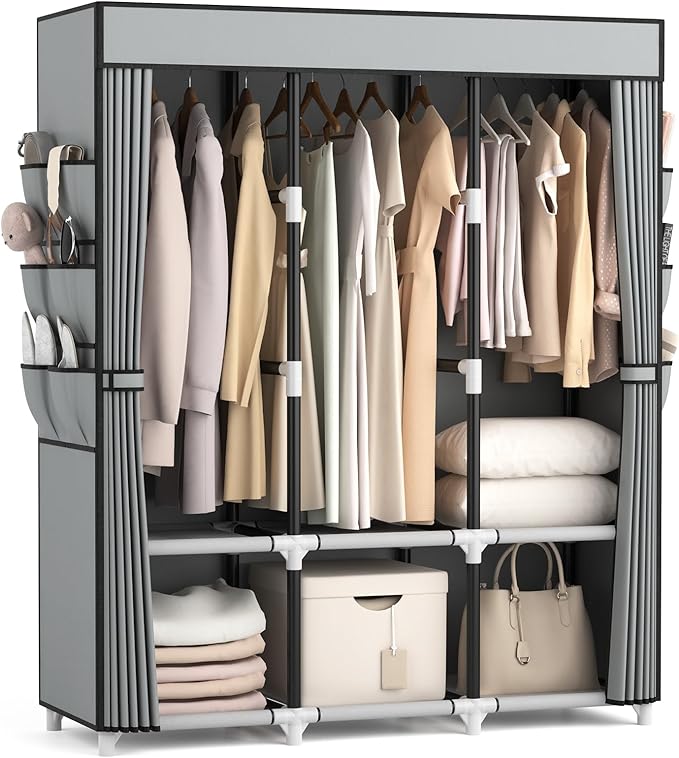 VTRIN Portable Closet Wardrobe for Hanging Clothes Closet with Cover, 3 Hanging rods, 6 Storage Shelves and Side Pocket, Diameter 19mm Metal Pipe, Sturdy Free Standing Closet for Bedroom