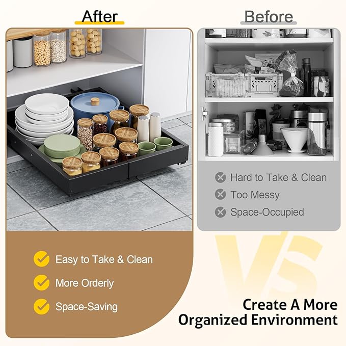 Upgrade Pull Out Cabinet Organizer, Expandable Width (11.4"-18.9") Depth (16.3"-21.7") Pull out Drawers for Cabinets with 3 Rails, No Drill Adhesive Film or Nail Slide out Drawers for Kitchen, Pantry