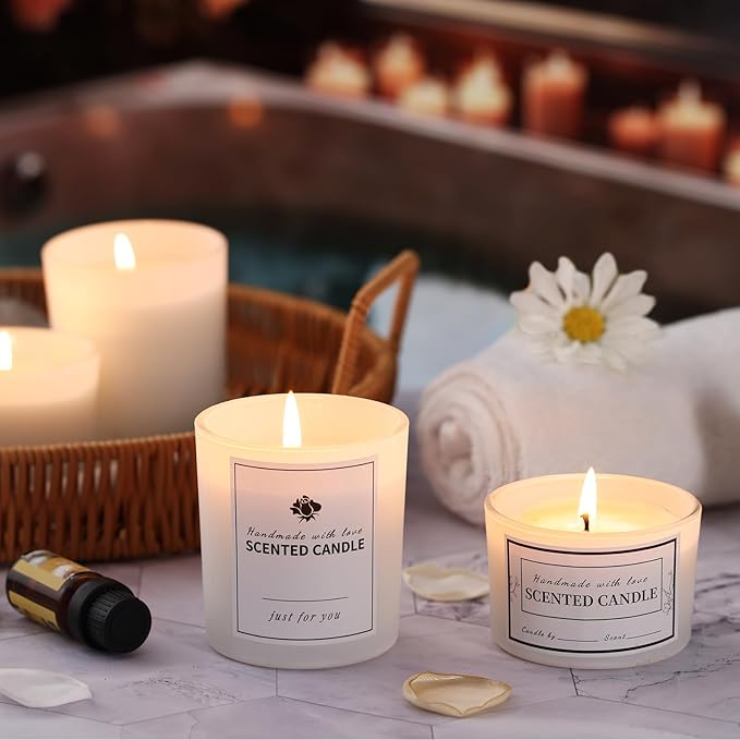 sunnyfuture 16 Pack Matte White Candle Jars, 8pcs 7oz + 8pcs 4oz Candle Jars for Making Candles with Wooden Lids and Labels for DIY, Gifts, Home