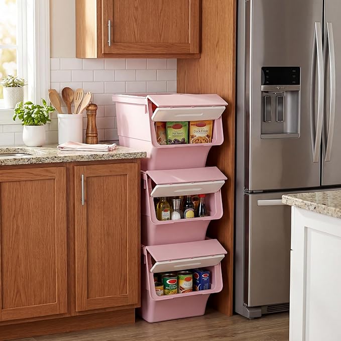 Giantex Plastic Stackable Storage Bins with Lids & Wheels, 3 Pack Open Front Stacking Bins, Organizer Bins for Pantry, Kitchen, Laundry, Closet, Playroom, Bedroom Organization (35 QT)