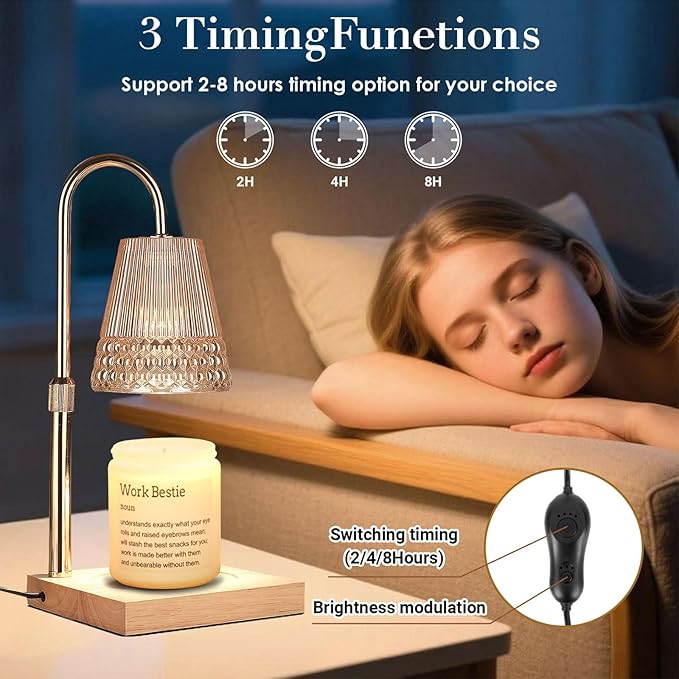 Candle Warmer Lamp, Adjustable Height & Dimmable, Candles with Timer, 2H/4H/8H Auto Off, Safe Flameless Night Light for Home Decor, Bedroom, Office, Christmas Birthday Gift for Women & Men