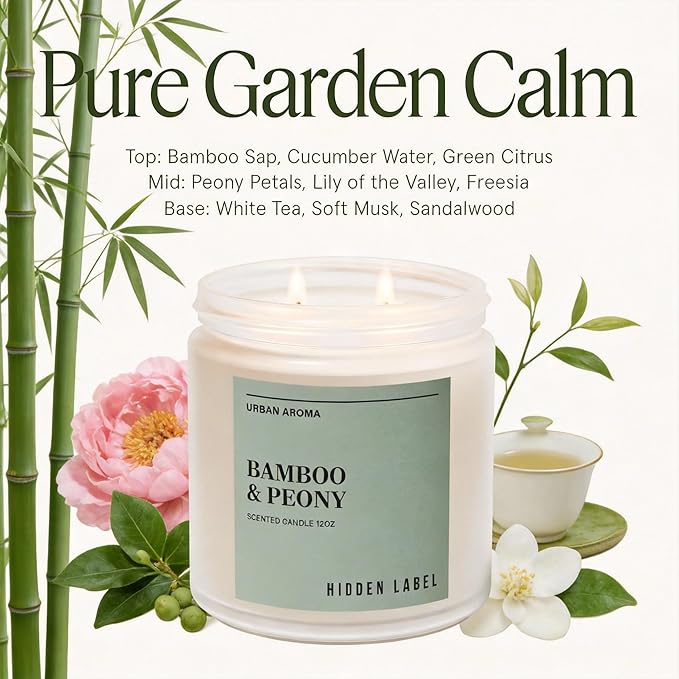 Bamboo & Peony Scented Candle,|12oz Natural Soy Candle, 70-Hour Clean Burning, Japandi Home Décor, Mindful Aromatherapy for Focus & Relaxation, Elegant Gift for Housewarming