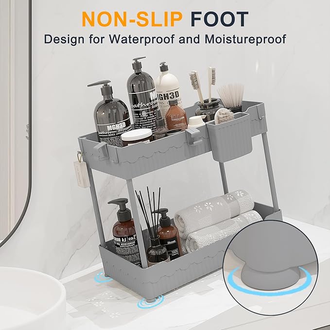 2 Pack Under Sink Organizer, Under Bathroom Cabinet Organizer with Hooks Hanging Cup, Multi-Purpose Storage Shelf for Kitchen Bathroom (Gray, 14.8 Inch)