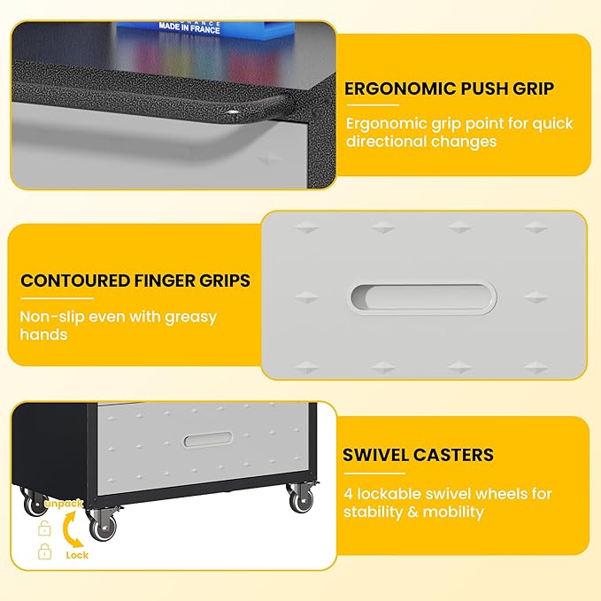 Garage Storage Cabinets with Wheels, Locking Metal Storage Cabinets with 3 Drawers, Easy Assembly Rolling Tool Cabinet for Garage, Basement,Warehouse