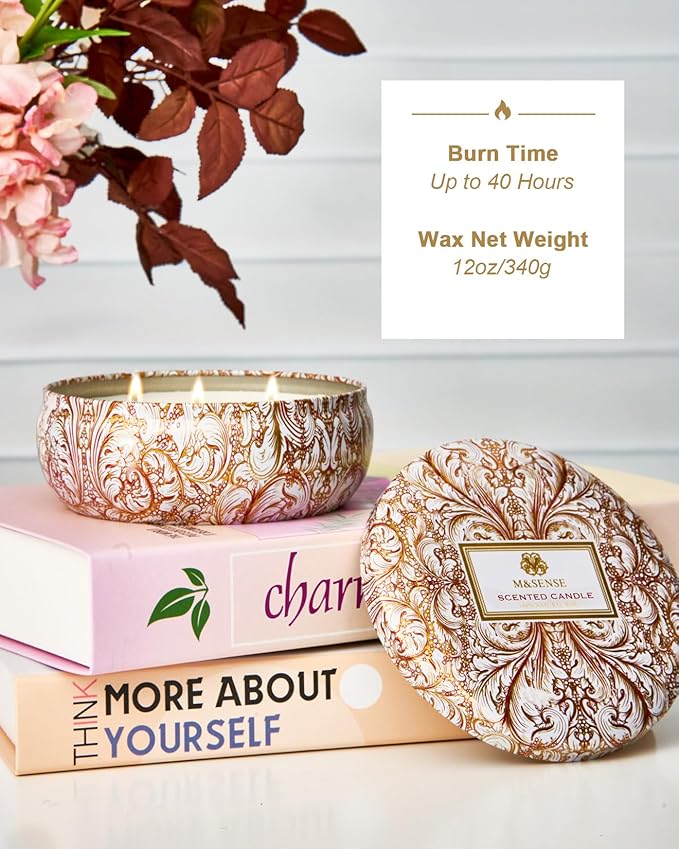 M&SENSE Basil Flower Scented Candles 12 oz, Large 3 Wick Soy Tin Candle, Over 40 Hour Burning Time, 100% Natural Vegan Wax, Relaxing Aromatherapy Aesthetic Candle Gift for Women and Men
