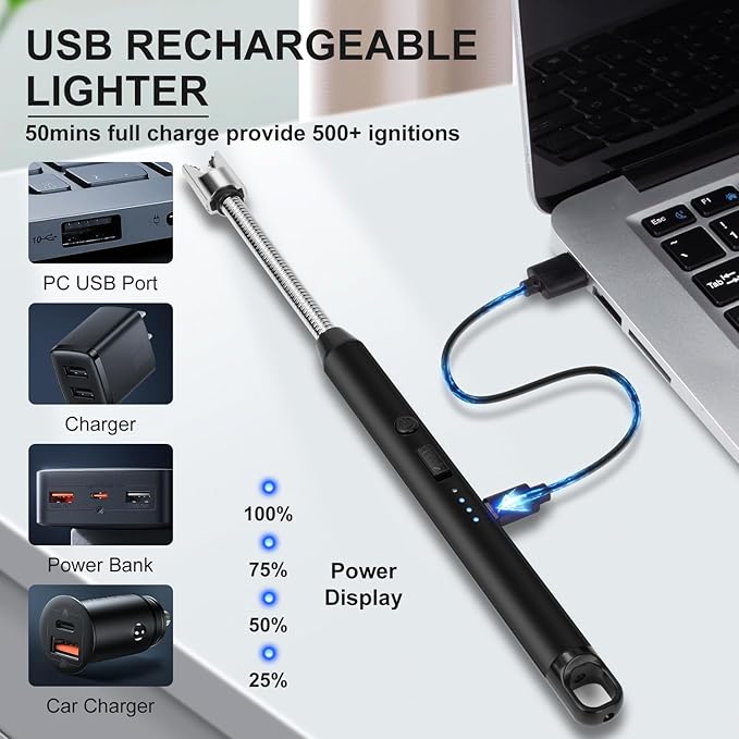 Upgraded 2 Pack Electric Candle Lighter with 360° Flexible Neck & Safety Lock, Windproof USB Rechargeable Flameless Arc Long Lighters for Grill, BBQ, Camping, Fireplace, Stove (Black & Rose Gold)
