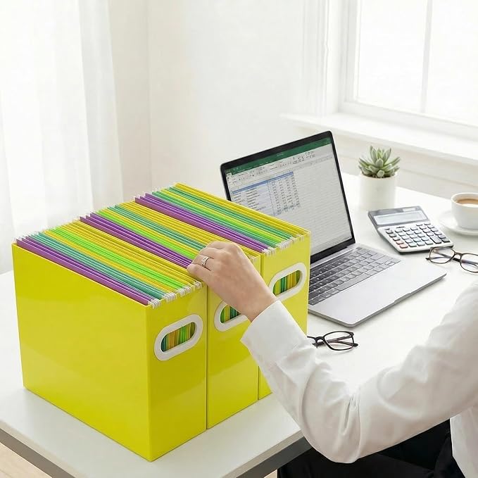 Hanging File Organizer Box, 3 Pack Yellow Cardboard File Folder Holder for Letter Size, Portable Desk Document Storage with Handles, for Office,Home,School