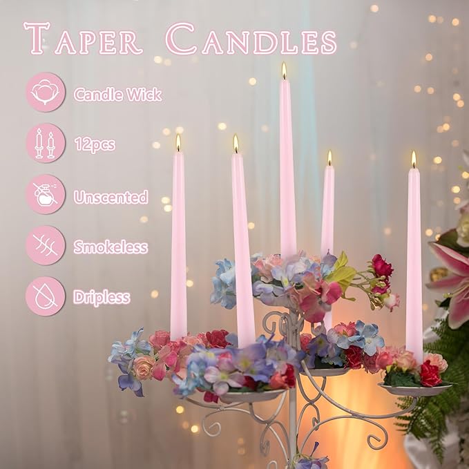 12Pack 10 Inch Pink Taper Candles, Unscented,Smokeless and Dripless Candlestickst,8 Hours Long Burn Time Candle for Valentine's Day,Wedding, Part, Shabbat and Household,Home Décor