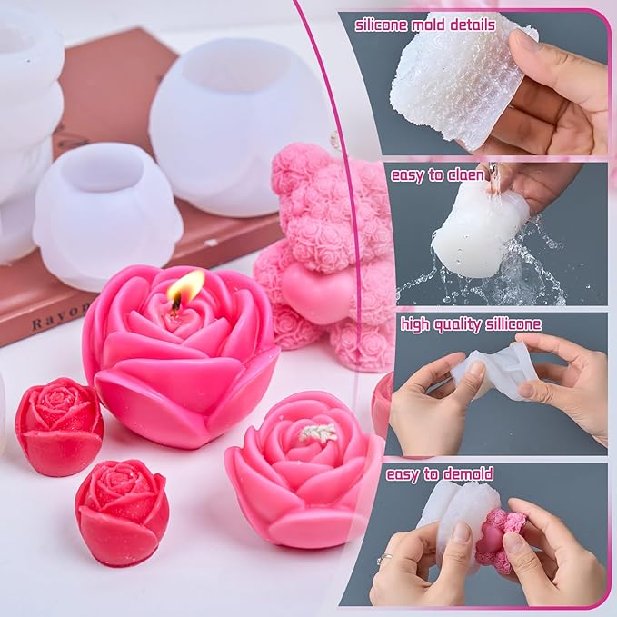 Rose Bucket Candle Kit Handmade Gift Soy Wax Beads for Candle Making Rose Silicone Mold 3D Flower Candle Molds All in One Kit Accessories Set Valentine's Day Gift (Silvery)