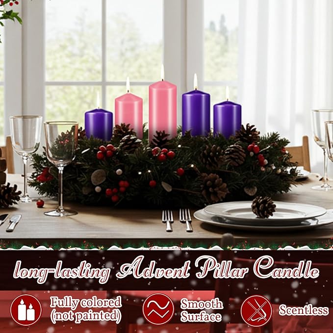 Amylove 8 Pcs 3 x 8 Inch Advent Pillar Candles Set Pink Purple Christmas Unscented Lasting Burning Church Candles for Advent Wreath Holiday Gifting