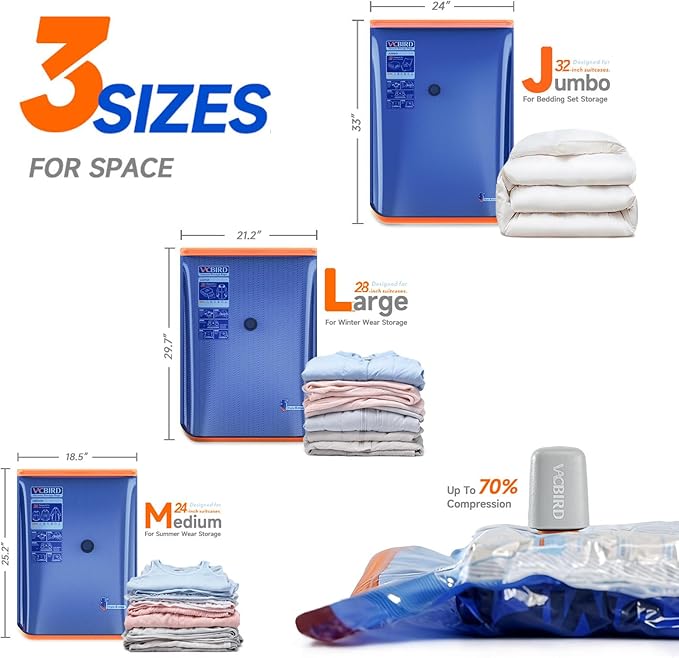 Vacbird Vacuum Storage Bags with Rechargeable Cordless Pump,15 Pack 3 Size Compression Packing Cubes Seal Bags, Space Saver for Clothes and Clothing Blankets Organization Space Saving
