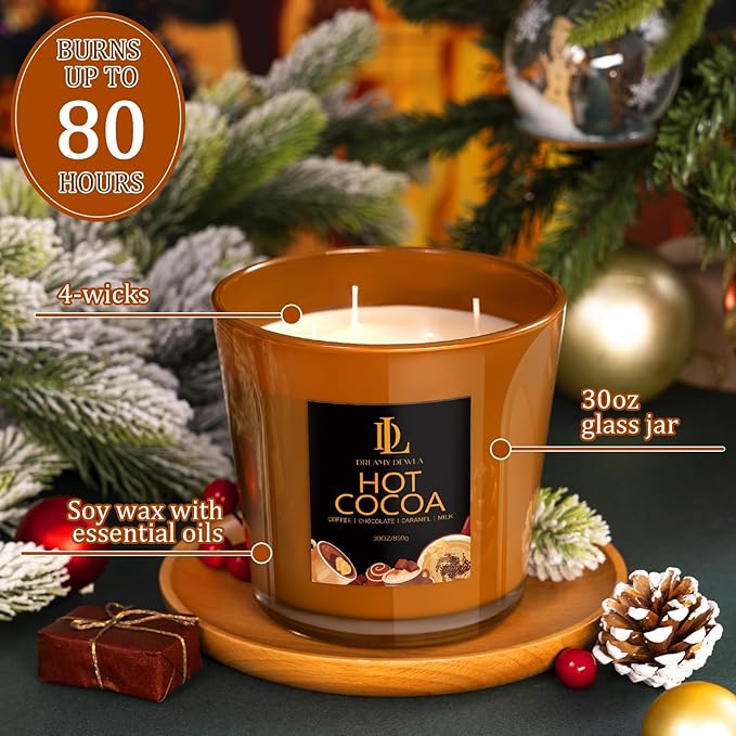 Large Candle Hot Cocoa Scented, 4 Wick Natural Soy Candles for Home Scented, 30oz Big Holiday Candle Long Lasting, Home Kitchen Scent Candles Housewarming Gifts for Women Men
