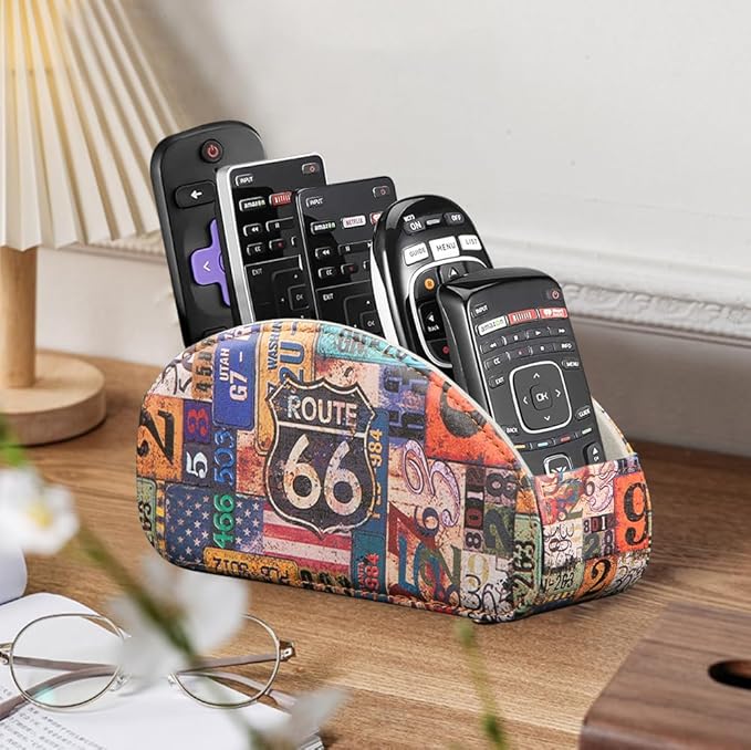 TV Remote Control Holder with 5 Compartments,Pu Leather Remote Caddy/Box/Tray Bedside Table Desk Storage Organizer for DVD, Blu-Ray, Media Player, Heater Controllers and Cosmetics Office Supplies