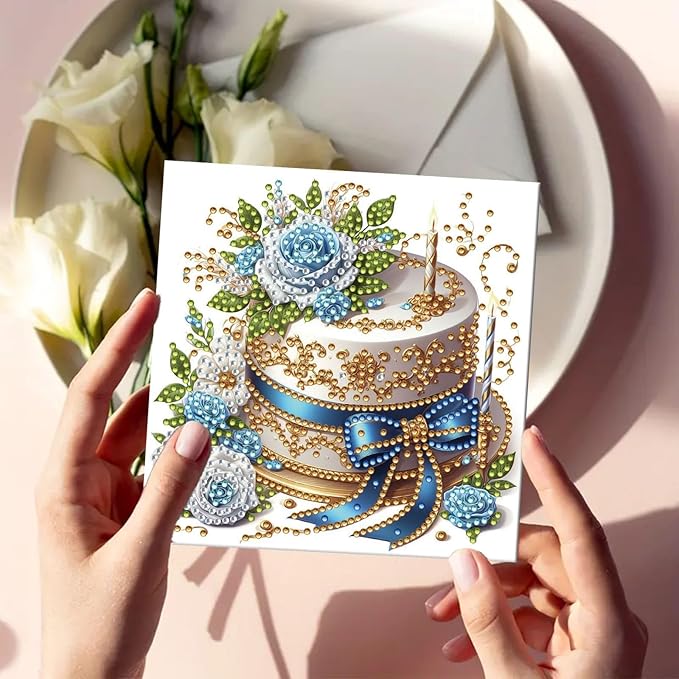 DoxQcs 5D Diamond Art Painting Greeting Cards Kit, DIY Cards for Blessings Congratulations Gifts, Greeting Card Set for Birthday Thanksgiving Day Christmas Halloween-Birthday Cake-2