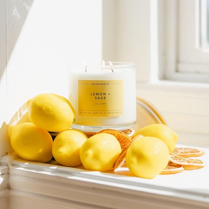 Calyan Wax Co. Lemon & Sage 3 Wick Scented Candle - 43 Hour Burn - Luxury 3 Wick Soy Candles - Non Toxic Soy Wax Candles - Long Lasting Large Glass Jar Candle for Home - 14.9oz