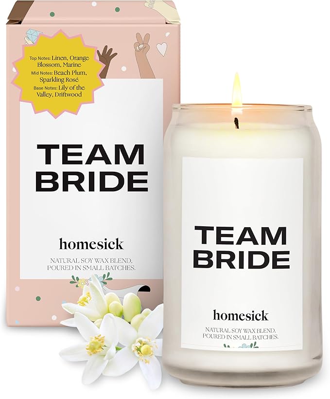 Homesick Scented Candles for Home (Team Bride) - 13.75 oz Long-Lasting Natural Soy Wax Blend Jar Candle Gifts for Women & Men, 60-80 Hours Burn Time - Notes of Linen, Beach Plum & Lily of The Valley