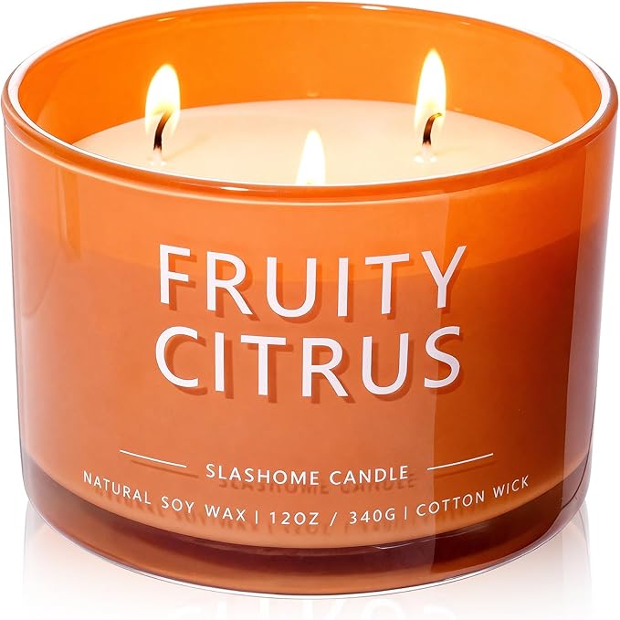 Fruity Citrus Scented Candle, Luxury Large 3 Wick Soy Candle 12 Oz, 60+ Hour Long Lasting Clean Burn, Elegant Aromatherapy Home Decor, Housewarming & Birthday Gift for Women & Men