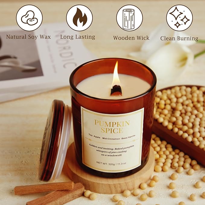 Candle Gift Set –2 Pack Wood Wick Pumpkin Spice Scented Candles,22.6 oz Natural Soy Wax Candles with Gift Box,Long Lasting Autumn Candles for Home Decor,Gifts for Women
