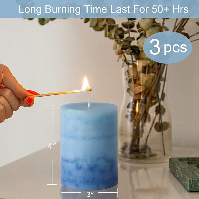 3x4 Inche Pillar Candles Ocean Scented Aromatherapy Candles Long Lasting Burn Blue Mottled 3-Layered Candles for Home Scented, SPA, Restaurant, Set of 3, Immeiscent