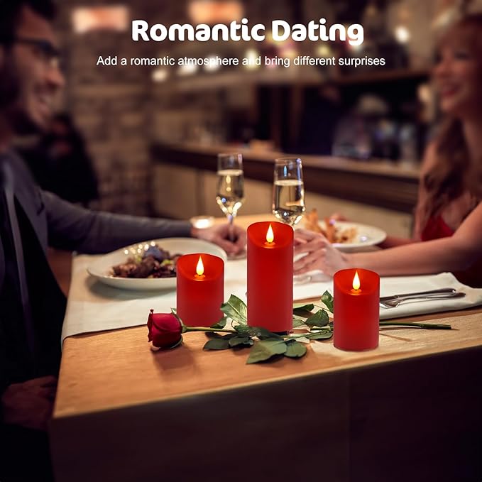 ALED LIGHT Red Real Wax Rechargeable Candles Flickering Realistic,Flameless Candles Rechargeable with Remote for Home Decor Idea Gift，Pack 3(D 3”X H 4”5”6”)