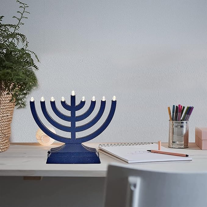 Rite Lite Go Menorah Mini Metallic Electric Menorah - LED Battery/USB Powered Chanukah Menorah Jewish Holiday - Office Car Home Decorations Judaica Hanukkah Gifts, Push Button Multi Light - Blue