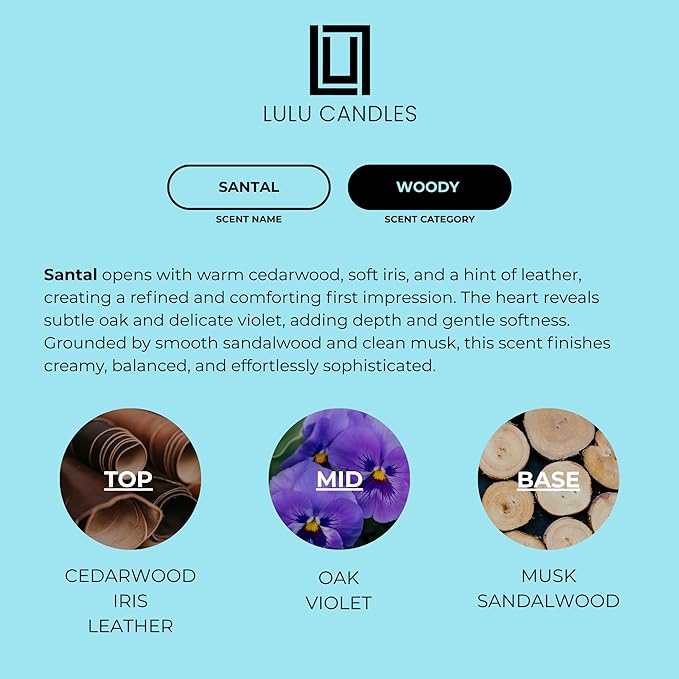 Lulu Candles | Santal Scented Candle – Creamy Sandalwood & Warm Woods Aroma, Long-Lasting Clean Burn Candle for Home Décor, Relaxation & Gifts – (9 Oz. Wood Wick Candle)
