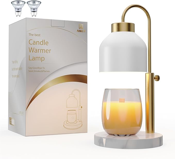 AIKUT Candle Warmer Lamp, with 2 Bulbs,Timer & Dimmer,Compatible with Large Yankee Candle Jars,3 Wick Candles,Height Adjustable Electric Top Melter,110-120v, (White Marble)