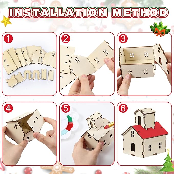 Hiboom 24 Pcs DIY Christmas Village Sets Wood Rustic Church Christmas Mini Wooden House Gift for Winter Xmas Party Crafts Decorations