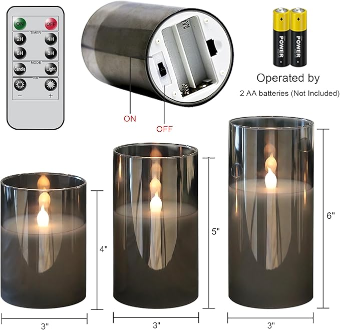 GenSwin Gray Glass Battery Operated Flameless Led Candles with 10-Key Remote and Timer, Real Wax Candles Warm White Flickering Light for Home Decoration(Set of 3)