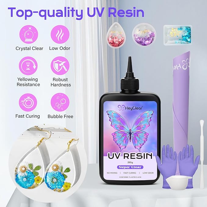 HeyClear 250g UV Resin kit -Crystal Clear, Hard UV Epoxy Resina para Manualidades Fast Curing Glue uv with Silicone Molds, Mat for Beginners Jewelry Making, DIY Crafts Art, Casting Coating