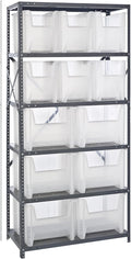 Quantum Storage Systems QSBU-600800CL Clear-View Giant Stack 6-Shelf Steel Shelving Unit, 18" x 36" x 75" with 6 QGH600CL Bins, Clear