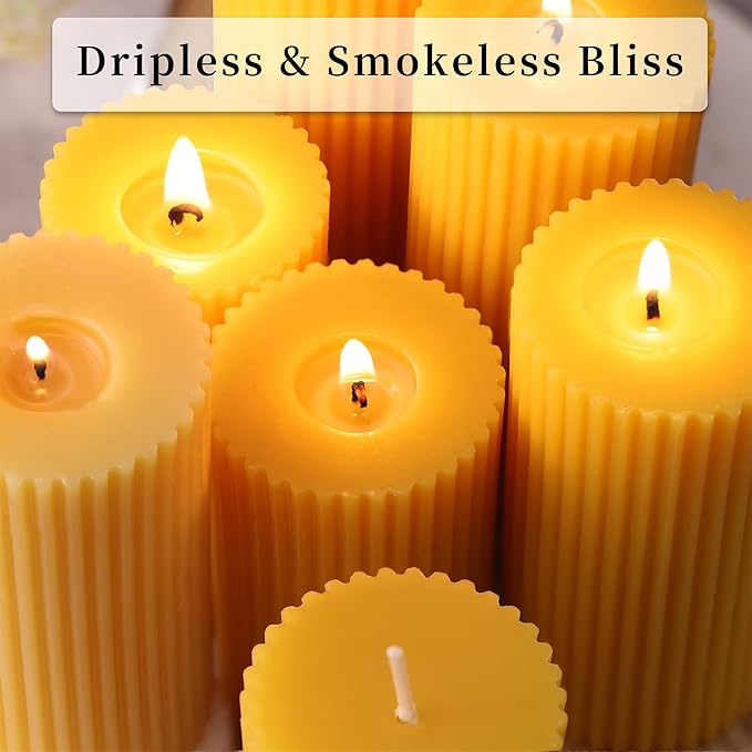DEVI 6 Pack Pure Beeswax Pillar Candles Bulk-210 Hours, Organic Bees Wax Candles for Home Decor-1.96x3.85 Inch, Unscented Natural Bees Wax Pillar Bulk Candles for Thanksgiving Party