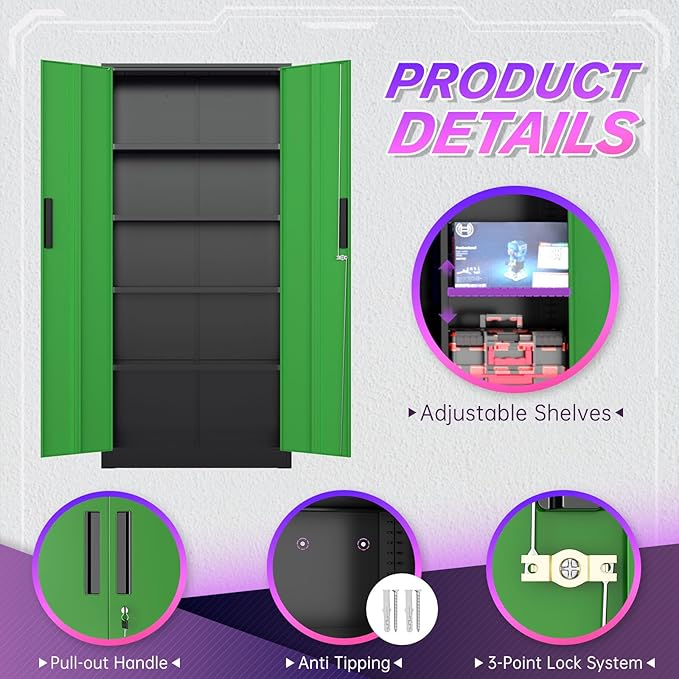 Superday Metal Storage Cabinets, 72" Storage Cabinet with Locking Door, Tall Garage Cabinet with 2 Doors and 4 Adjustable Shelves for Home Office, Classroom, Easy Assemble(Black Green)
