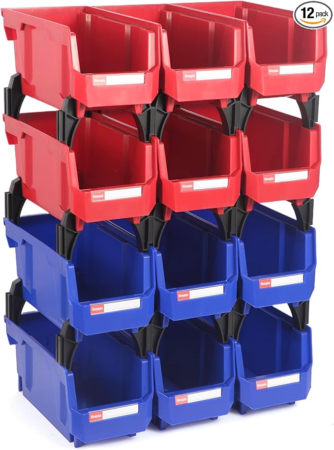 Stackable Storage Bins 12 Pack (11x5x5 Inch), Plastic Stackable Storage Organizer Bins Wall Mounted Hanging Samll Parts Bin for Garage, Workbench & Office (Blue & Red)