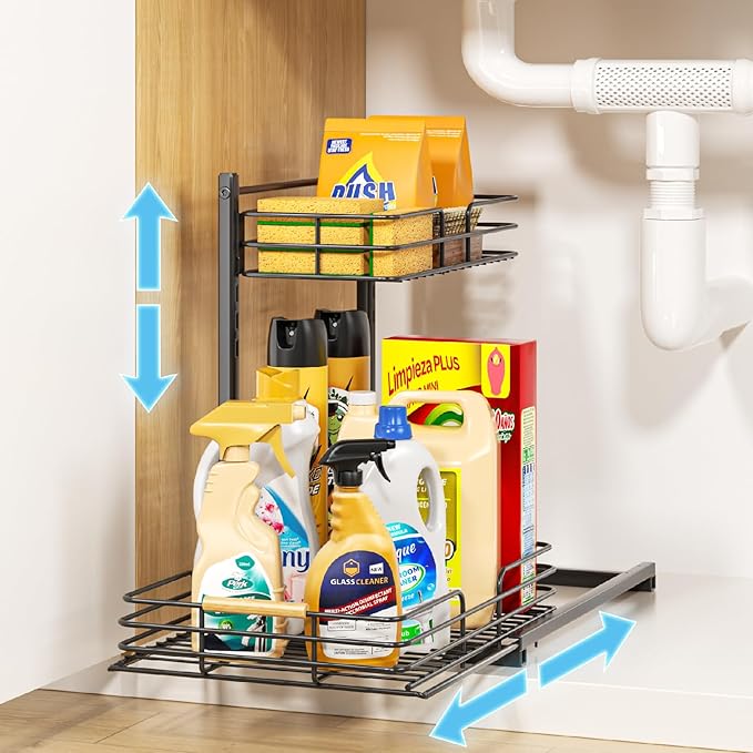 Delamu Under Sink Organizer, Height Adjustable Under Sink Organizers and Storage, Slide Out Under Sink Storage Shelf for Kitchen Bathroom Pantry Cabinet