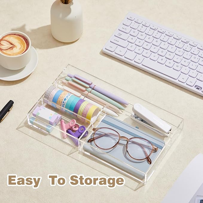 Briwooody Acrylic Desk Drawer Organizer 11 x 6.1 x 1.38 Inch Storage Tray Organizer for Pens, Stationery, Desktop, Office, Bathroom, Kitchen, Makeup Supplies(4 Compartments, Clear)