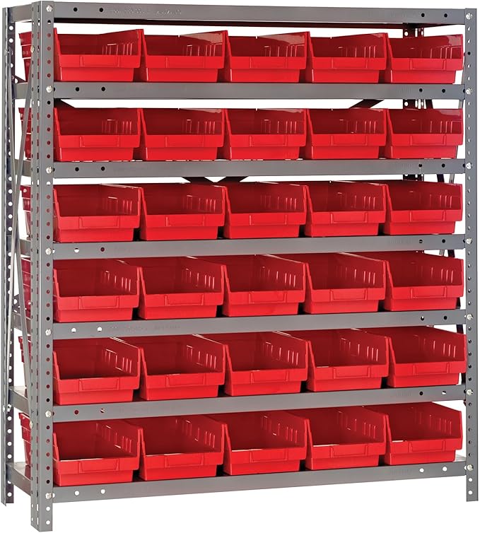 Quantum Storage Systems 1839-104RD Steel Shelving Unit with 4" Shelf Bins, 18" D x 36" W x 39" H, Red