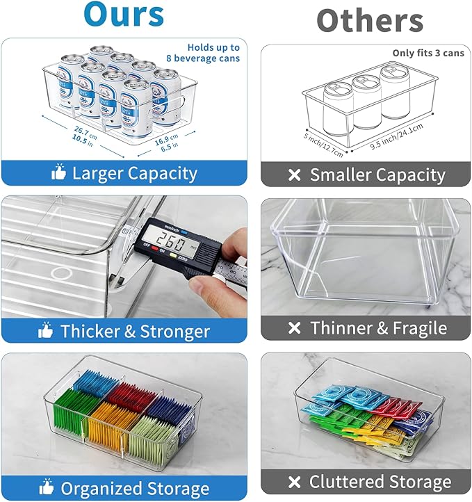Mpotmiy 4 Pack Clear Pantry Organizers and Storage Bins with Divider, Transparent Plastic Basket, Refrigerator and Fridge Bins